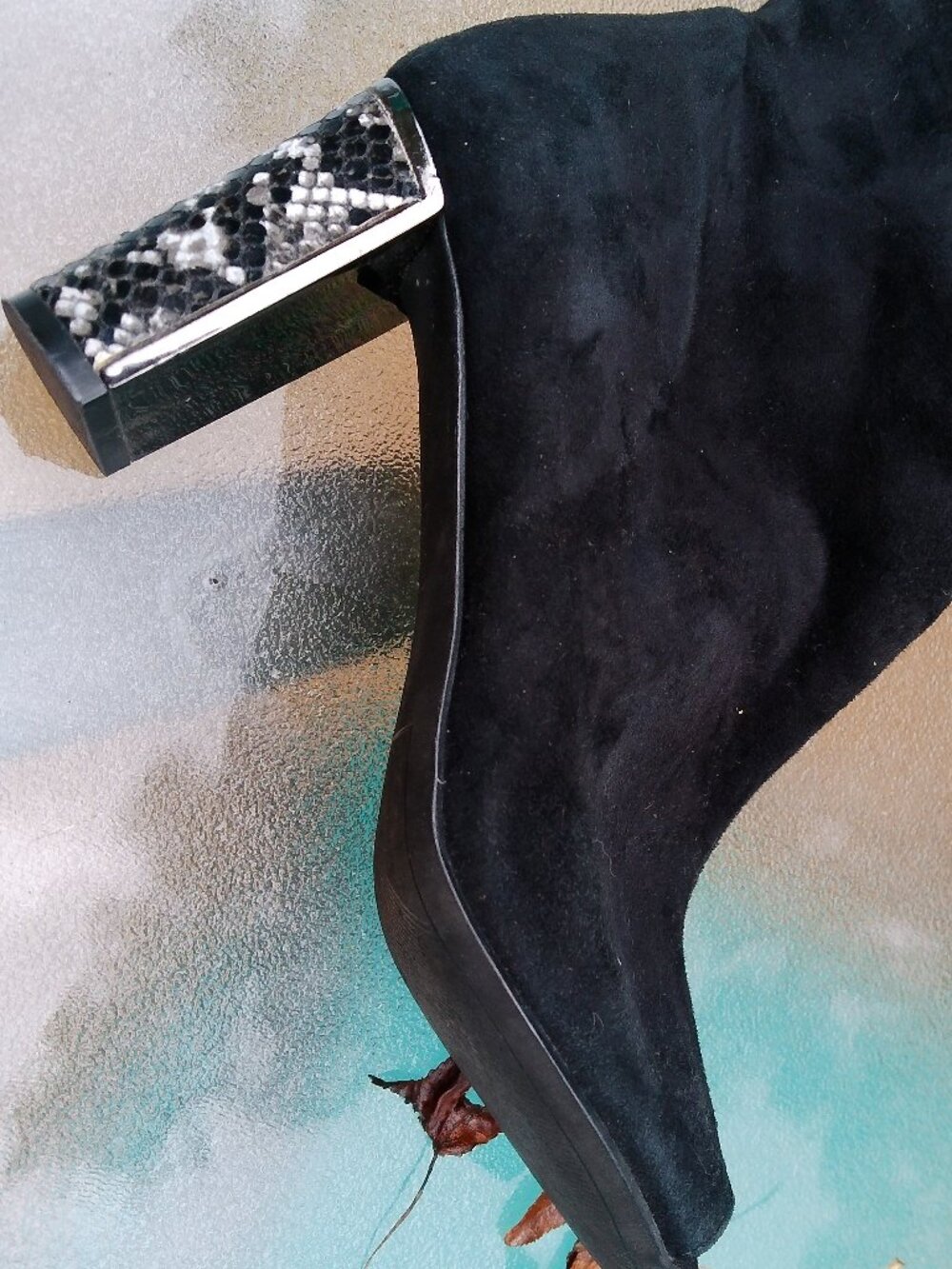 Tahari Aviator Black Suede Peep Toe Snakeskin Heel Booties Size 8